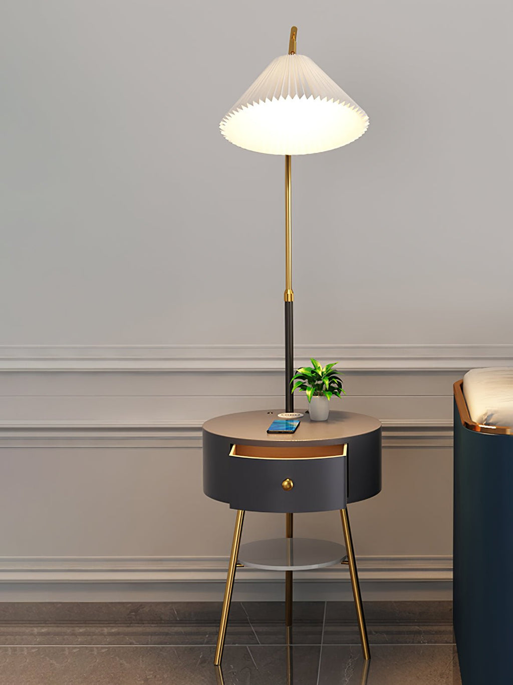 Pleated Shade Arc Floor Lamp with Side Table 65 in Set of 2