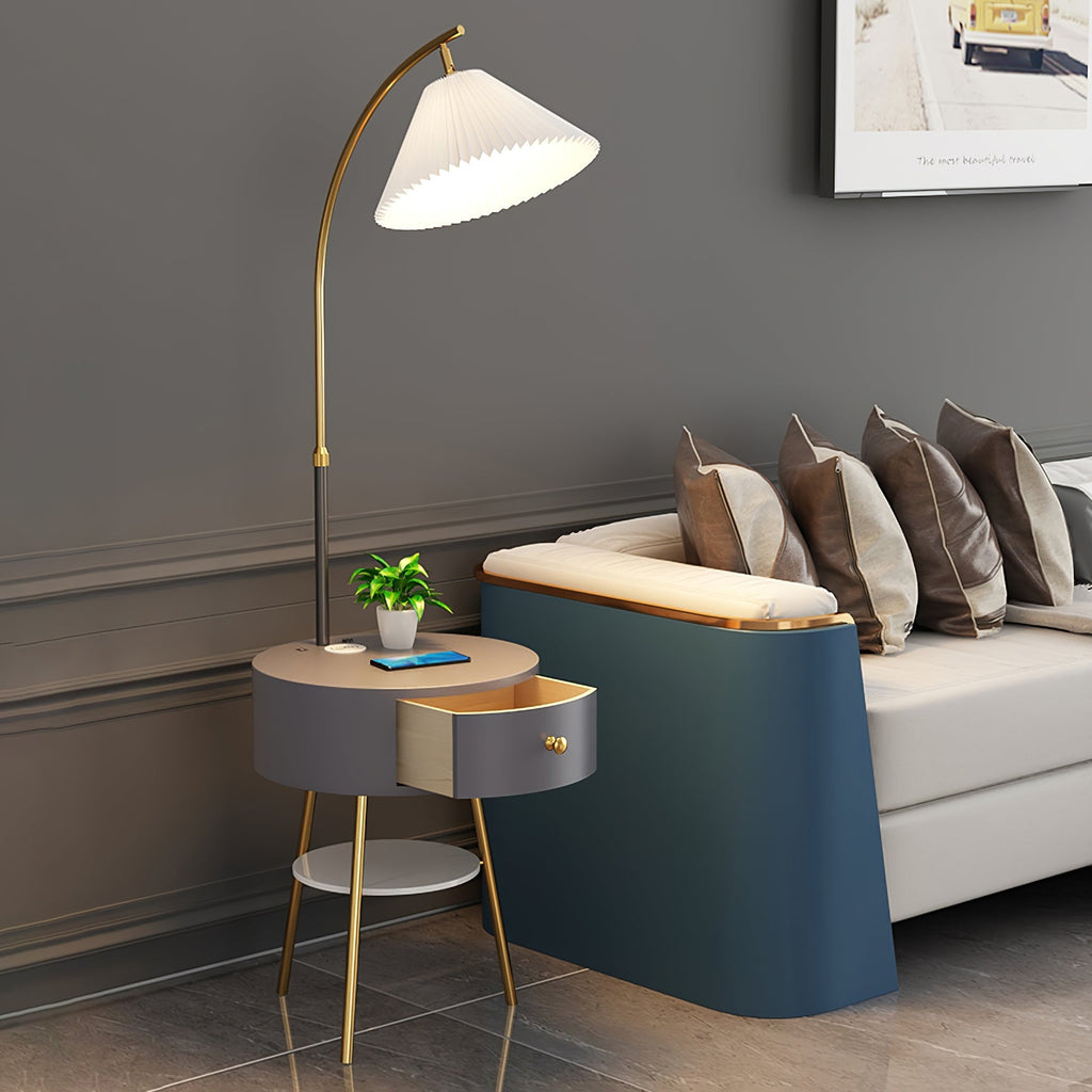 Pleated Shade Arc Floor Lamp with Side Table 65 in Set of 2