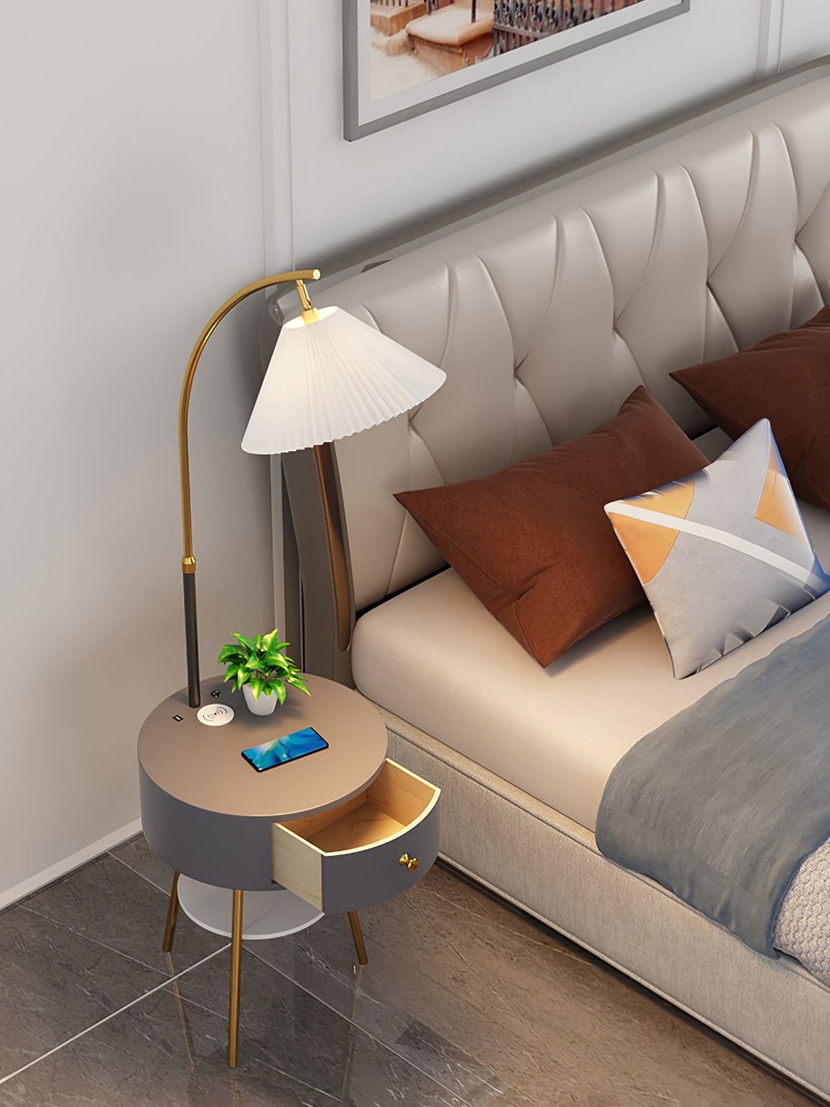 Pleated Shade Arc Floor Lamp with Side Table 65 in Set of 2