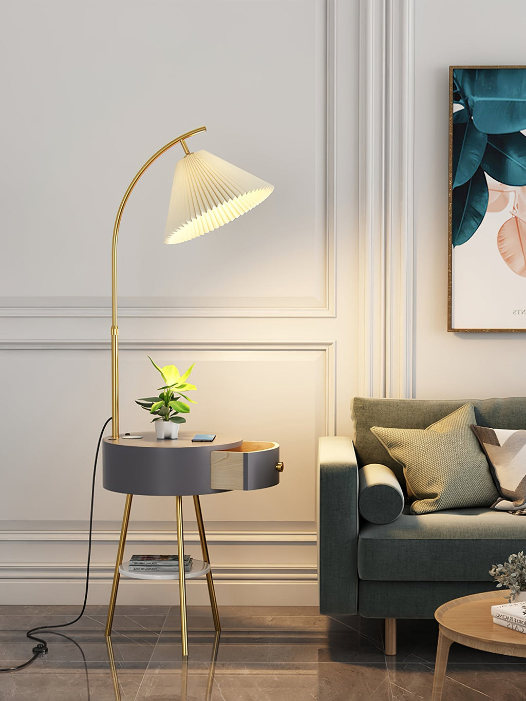 Pleated Shade Arc Floor Lamp with Side Table 65 in Set of 2