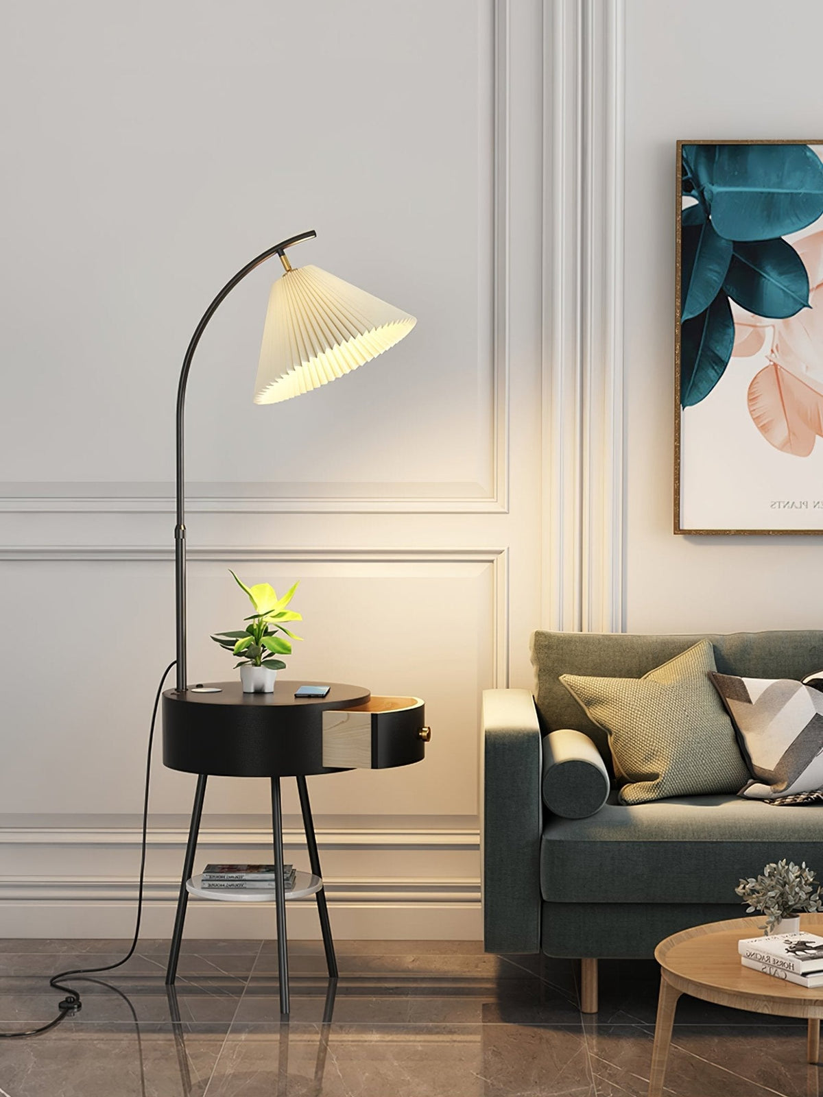 Pleated Shade Arc Floor Lamp with Side Table 65 in Set of 2