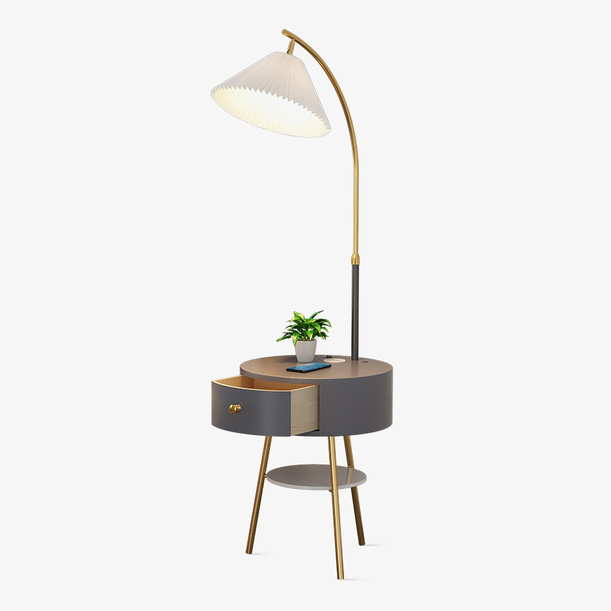 Pleated Shade Arc Floor Lamp with Side Table 65 in Set of 2