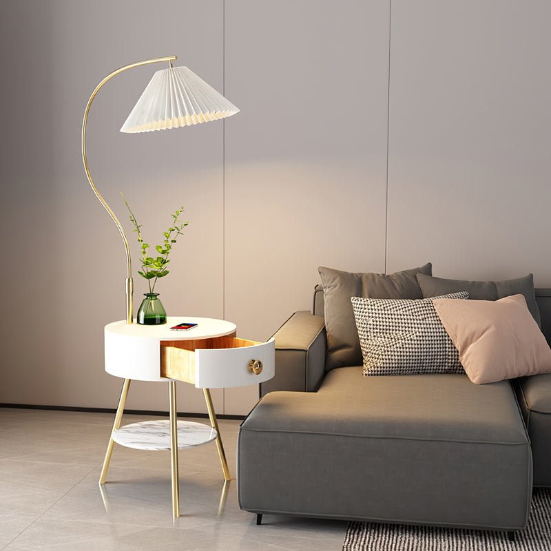 Pleated Shade Floor Lamp with Round Nightstand 66.9 in Set of 3