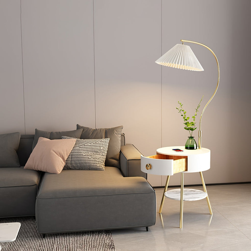 Pleated Shade Floor Lamp with Round Nightstand 66.9 in Set of 3