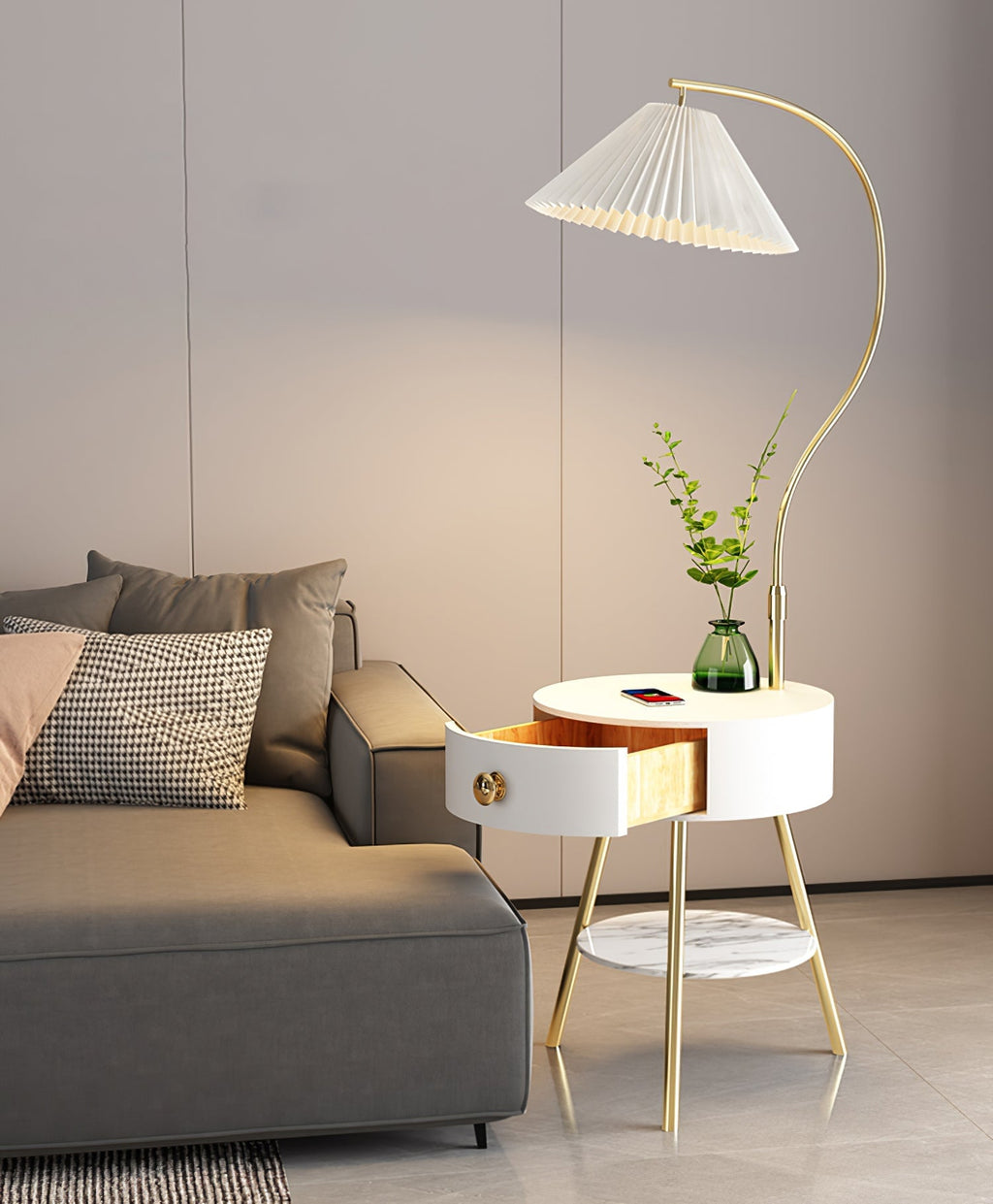 Pleated Shade Floor Lamp with Round Nightstand 66.9 in Set of 3
