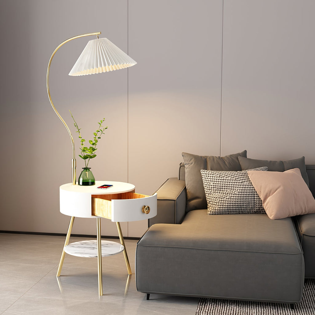 Pleated Shade Floor Lamp with Round Nightstand 66.9 in Set of 3