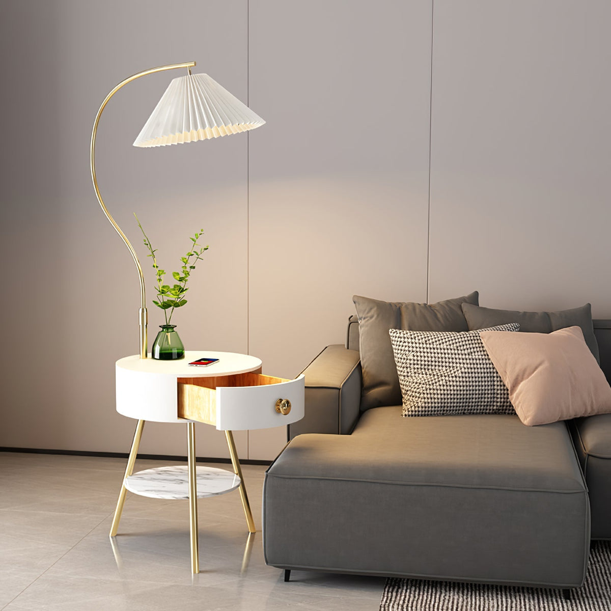 Pleated Shade Floor Lamp with Round Nightstand 66.9 in Set of 3