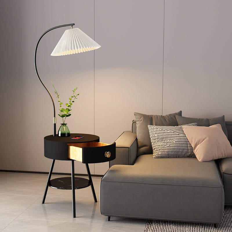 Pleated Shade Floor Lamp with Round Nightstand 66.9 in Set of 3
