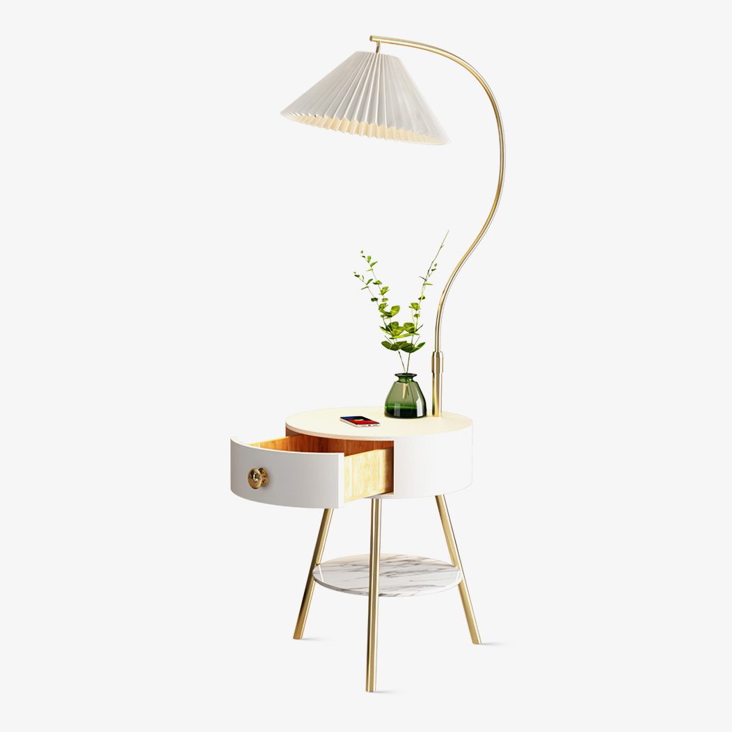 Pleated Shade Floor Lamp with Round Nightstand 66.9 in Set of 3