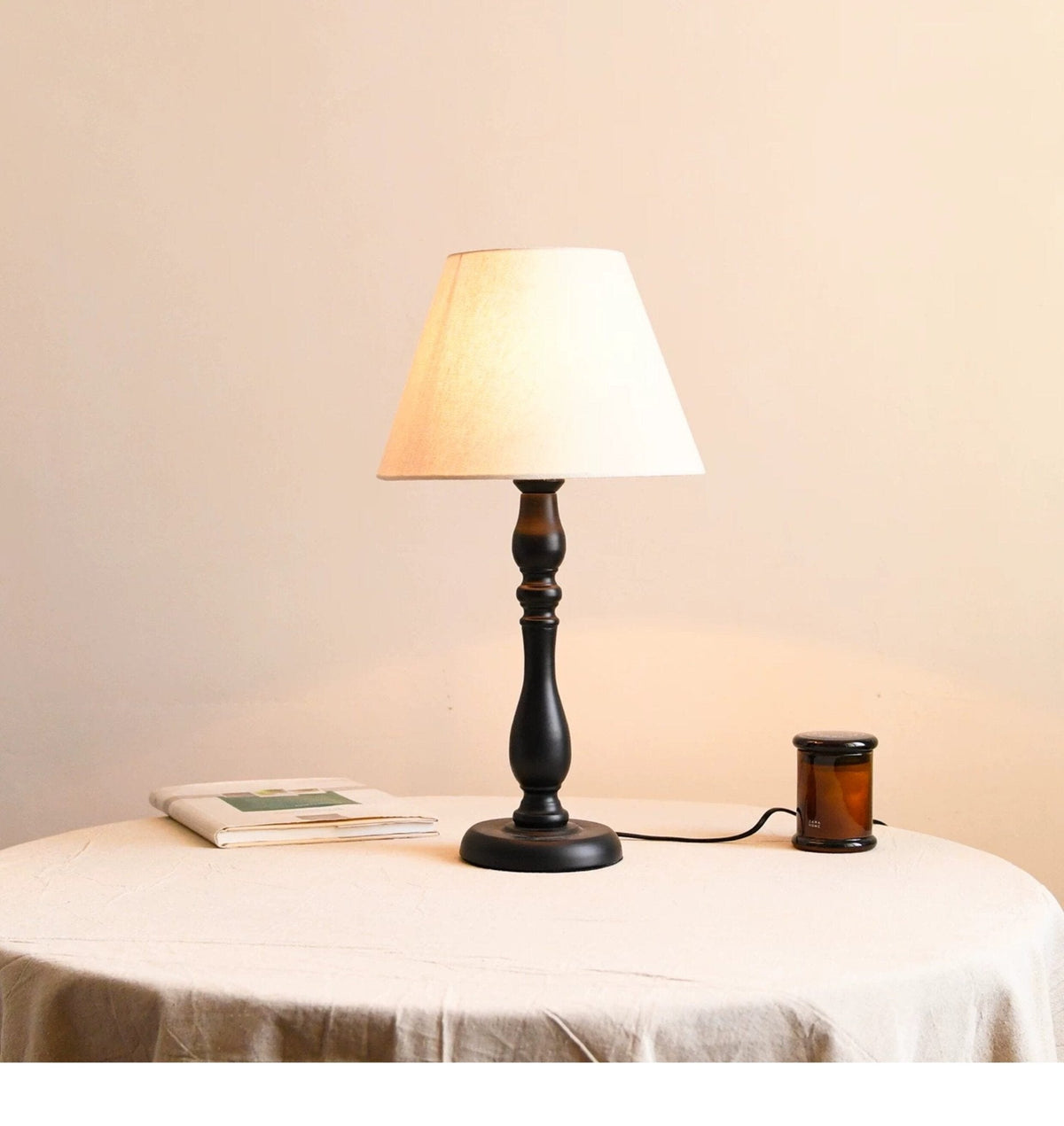 Printed Fabric Table Lamp Black Turned Base 20.5 in Set of 3