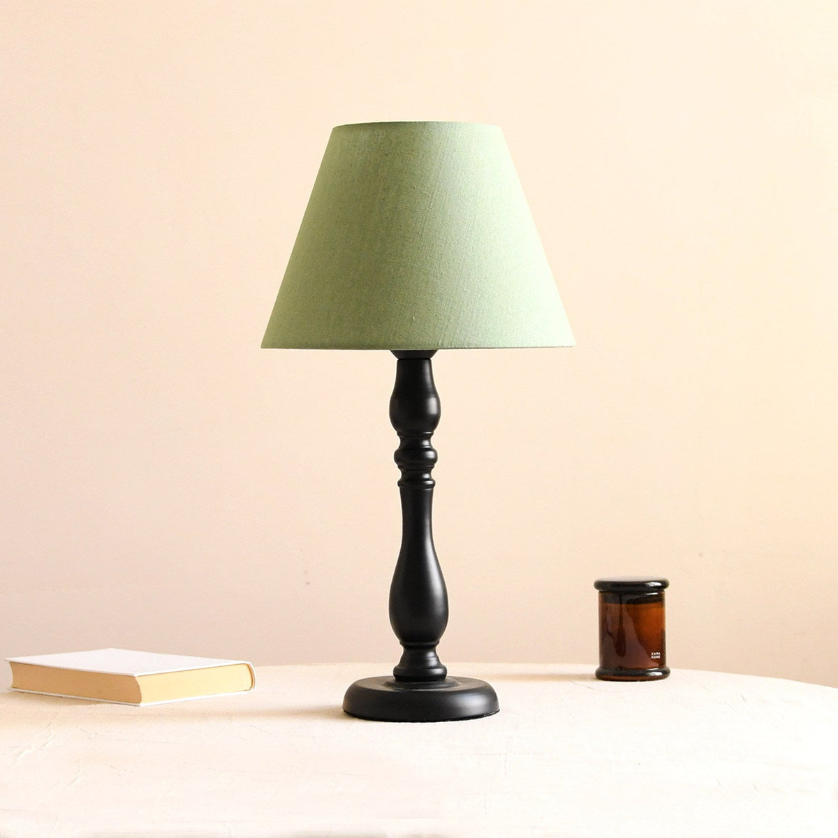 Printed Fabric Table Lamp Black Turned Base 20.5 in Set of 3