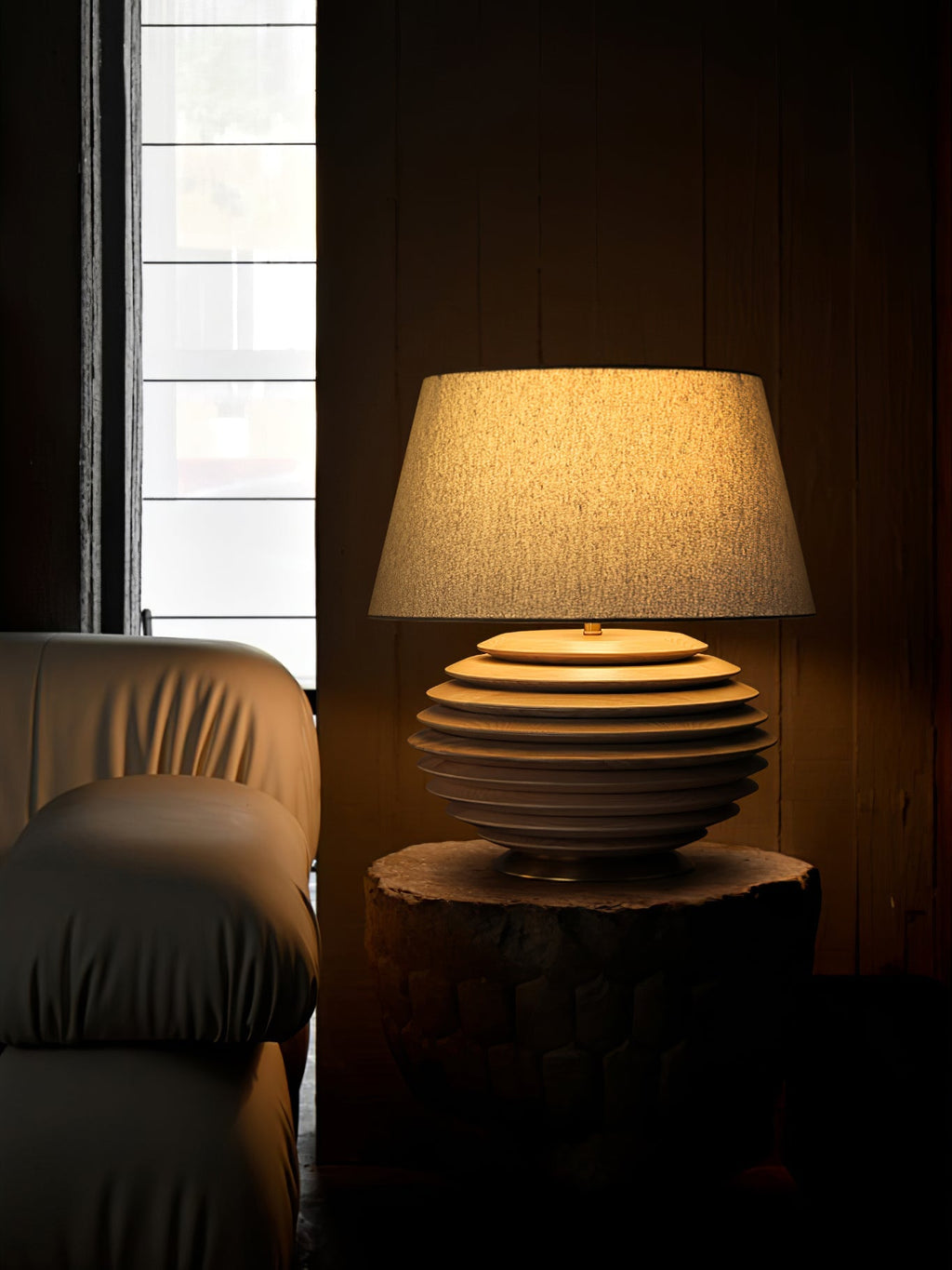 Ribbed Wood Table Lamp Black Base Fabric Shade 19.7 in Set of 2