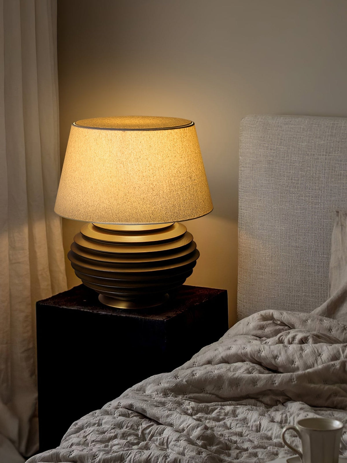 Ribbed Wood Table Lamp Black Base Fabric Shade 19.7 in Set of 2