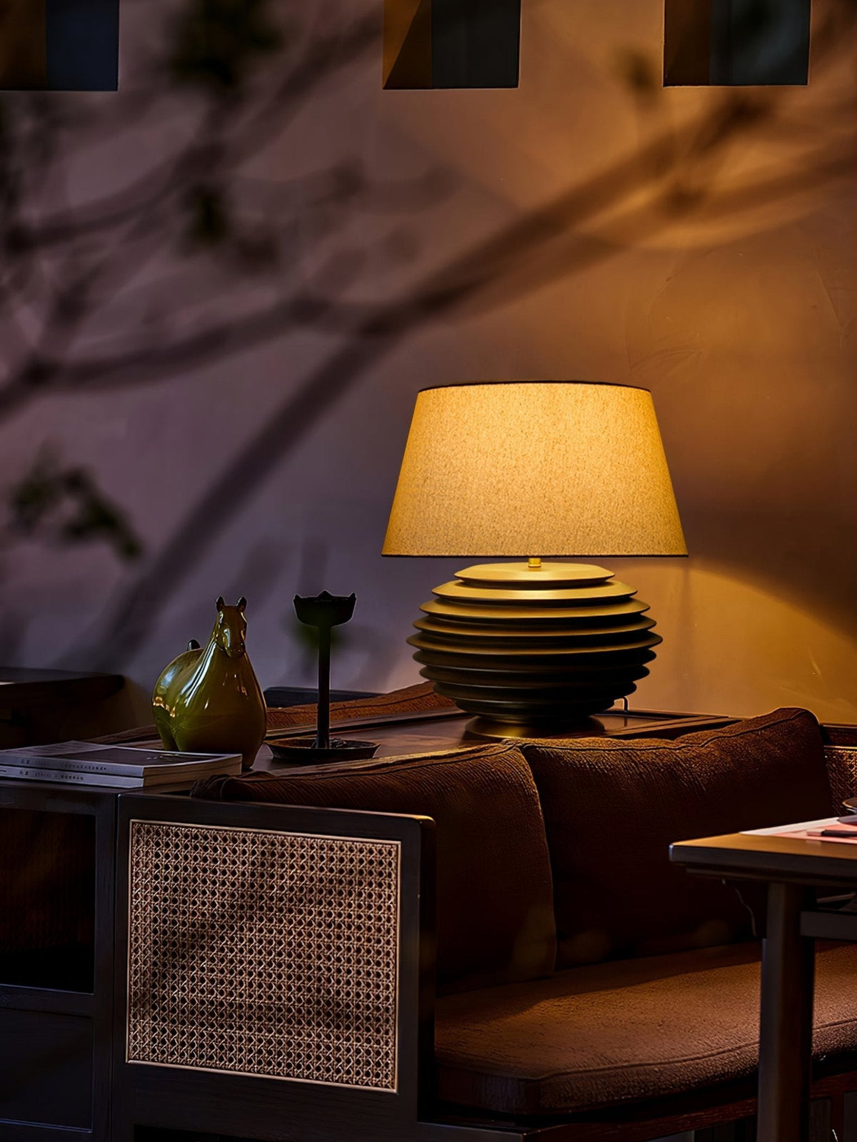 Ribbed Wood Table Lamp Black Base Fabric Shade 19.7 in Set of 2