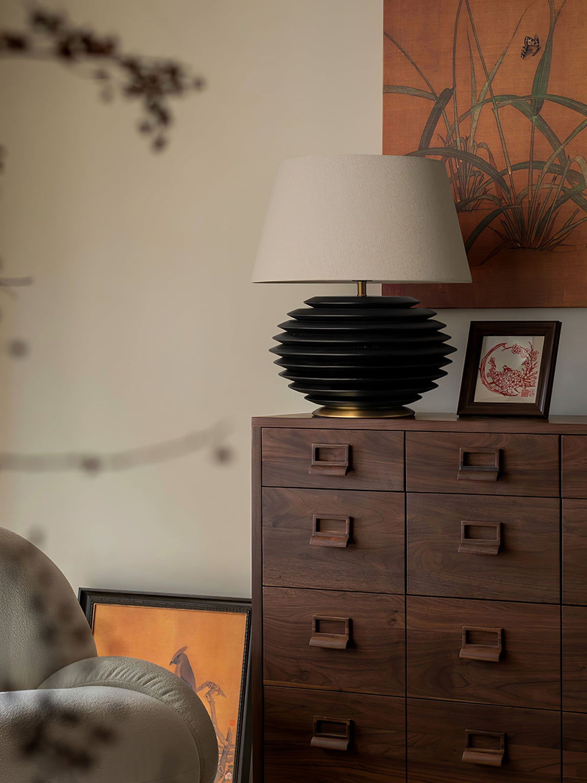 Ribbed Wood Table Lamp Black Base Fabric Shade 19.7 in Set of 2