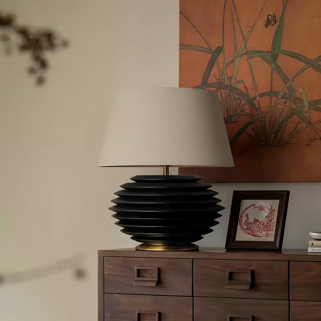 Ribbed Wood Table Lamp Black Base Fabric Shade 19.7 in Set of 2