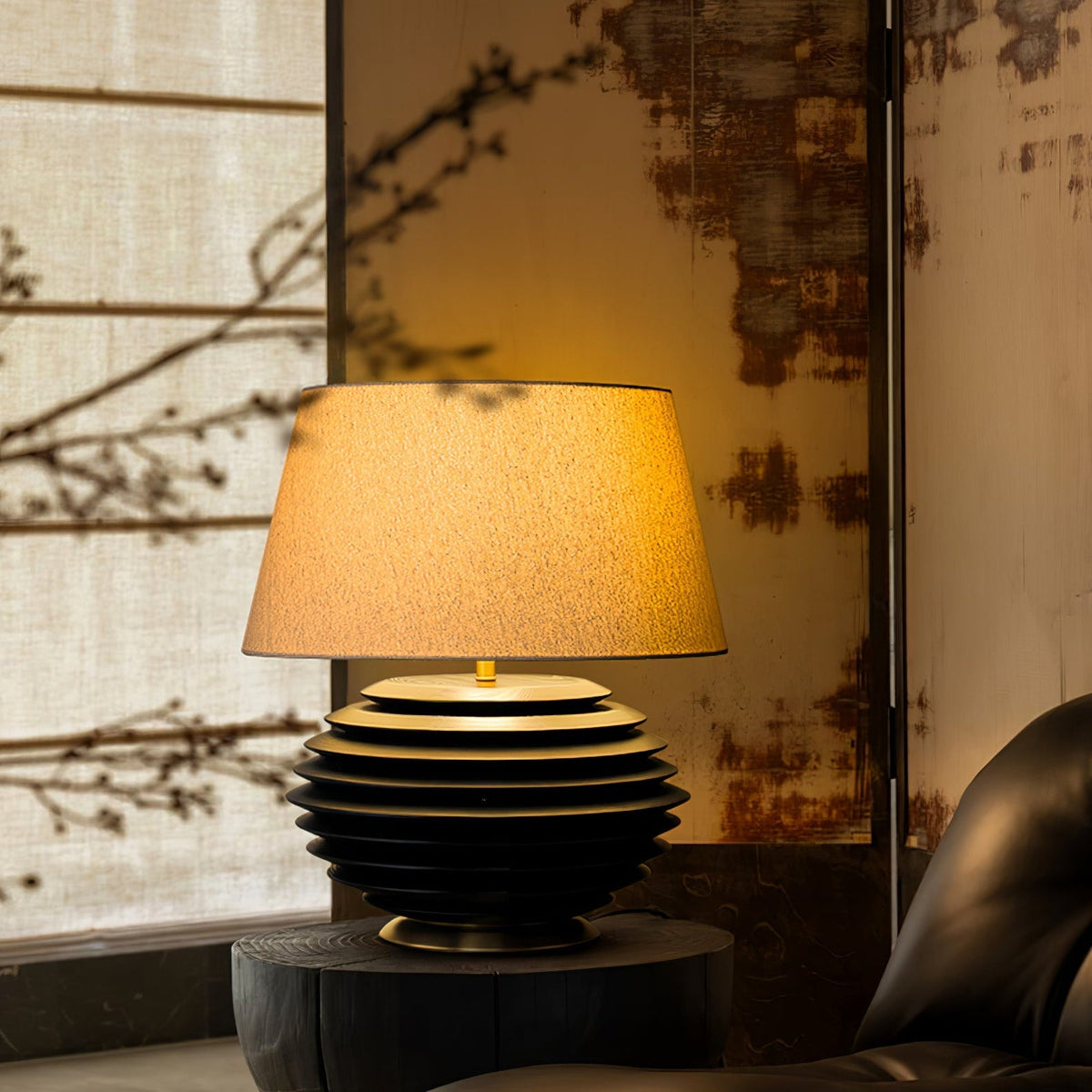 Ribbed Wood Table Lamp Black Base Fabric Shade 19.7 in Set of 2