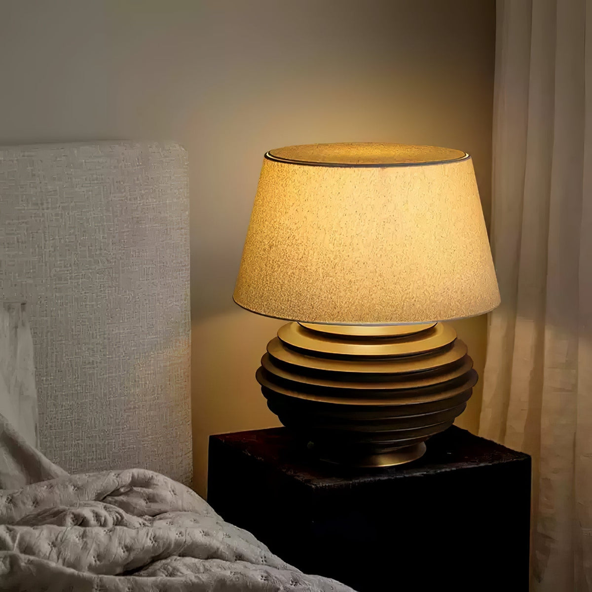 Ribbed Wood Table Lamp Black Base Fabric Shade 19.7 in Set of 2