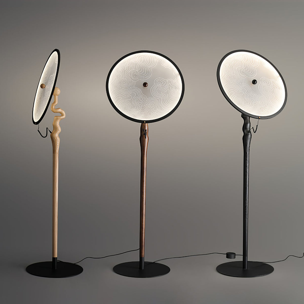 Round Dish Floor Lamp Wood Stand Acrylic Shade 67.7 in