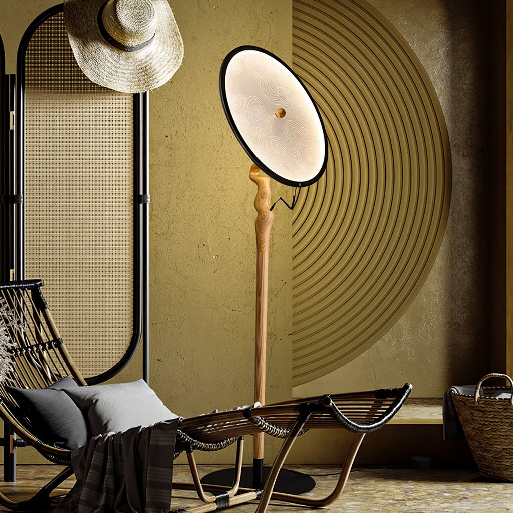Round Dish Floor Lamp Wood Stand Acrylic Shade 67.7 in