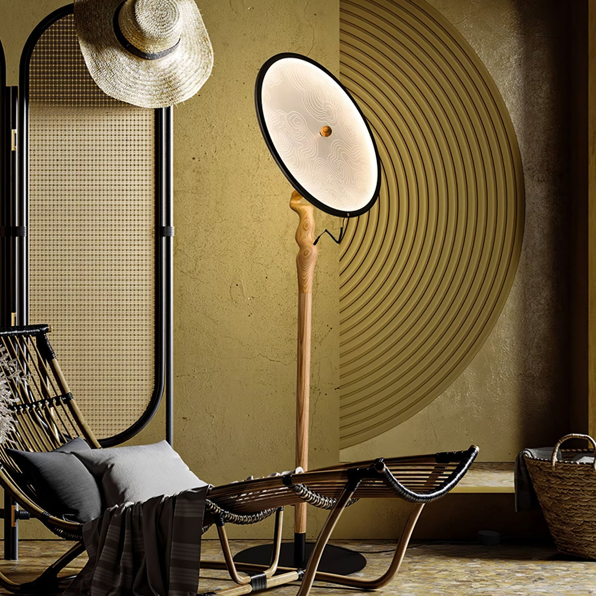 Round Dish Floor Lamp Wood Stand Acrylic Shade 67.7 in