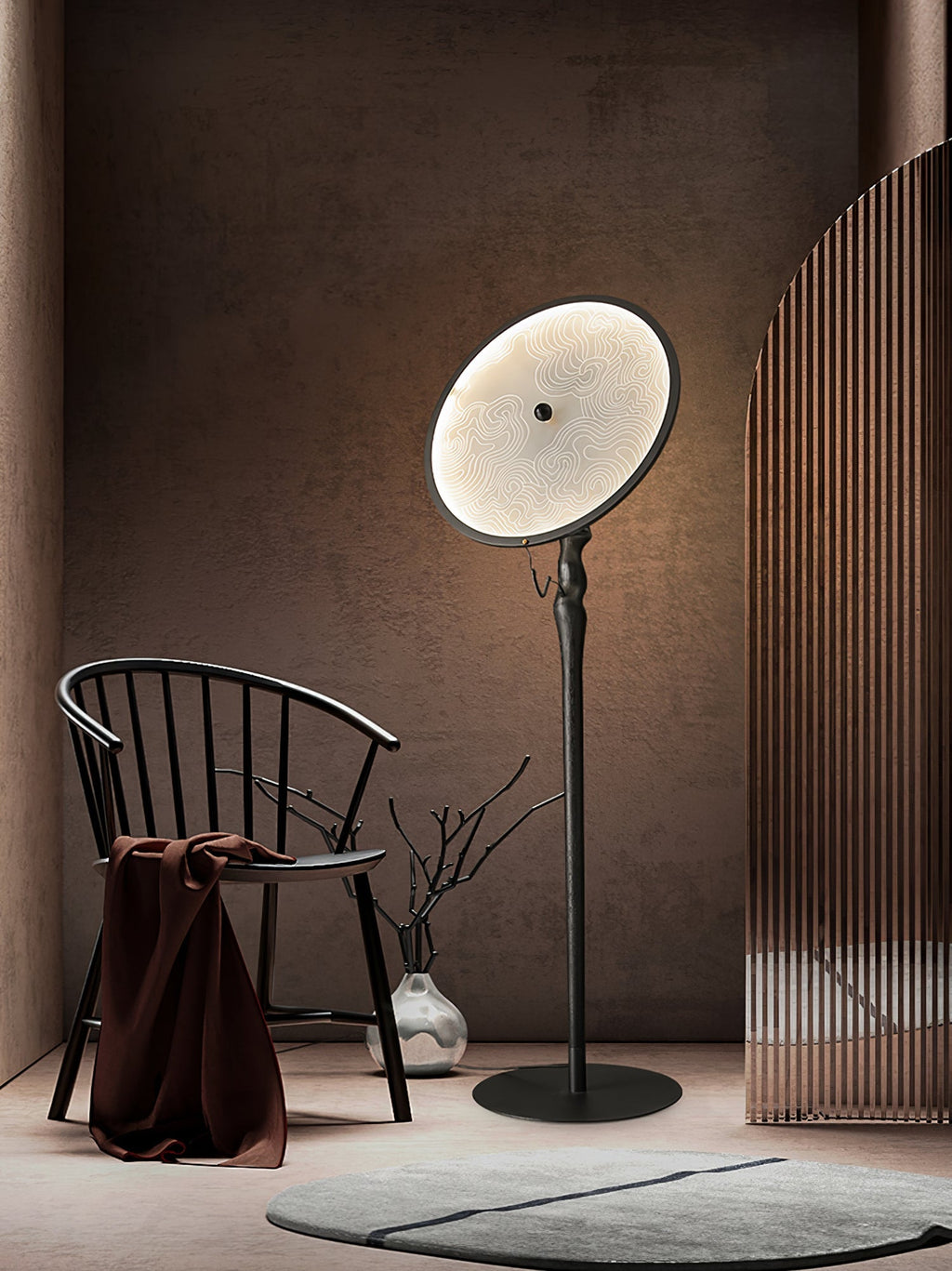 Round Dish Floor Lamp Wood Stand Acrylic Shade 67.7 in