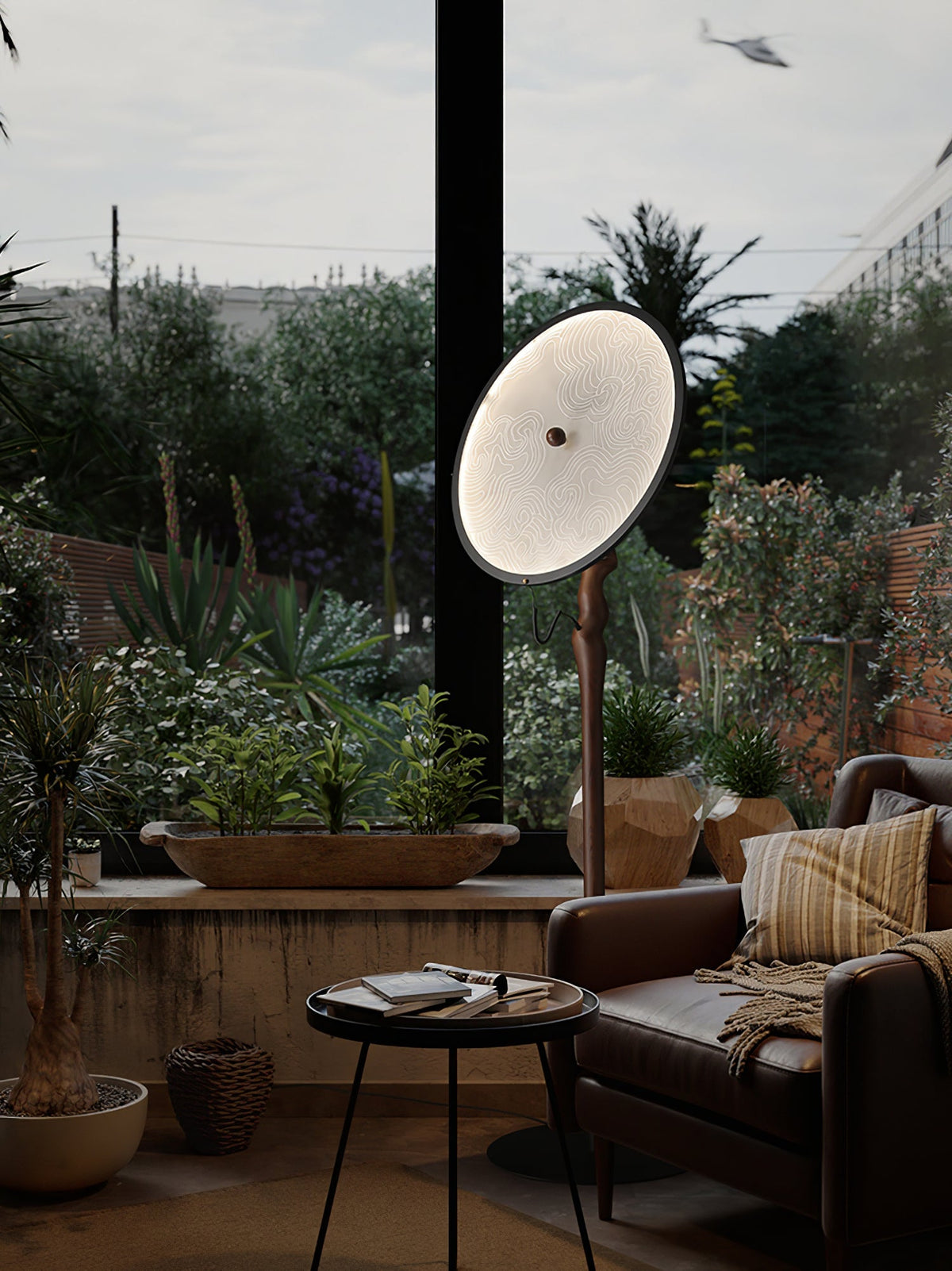 Round Dish Floor Lamp Wood Stand Acrylic Shade 67.7 in