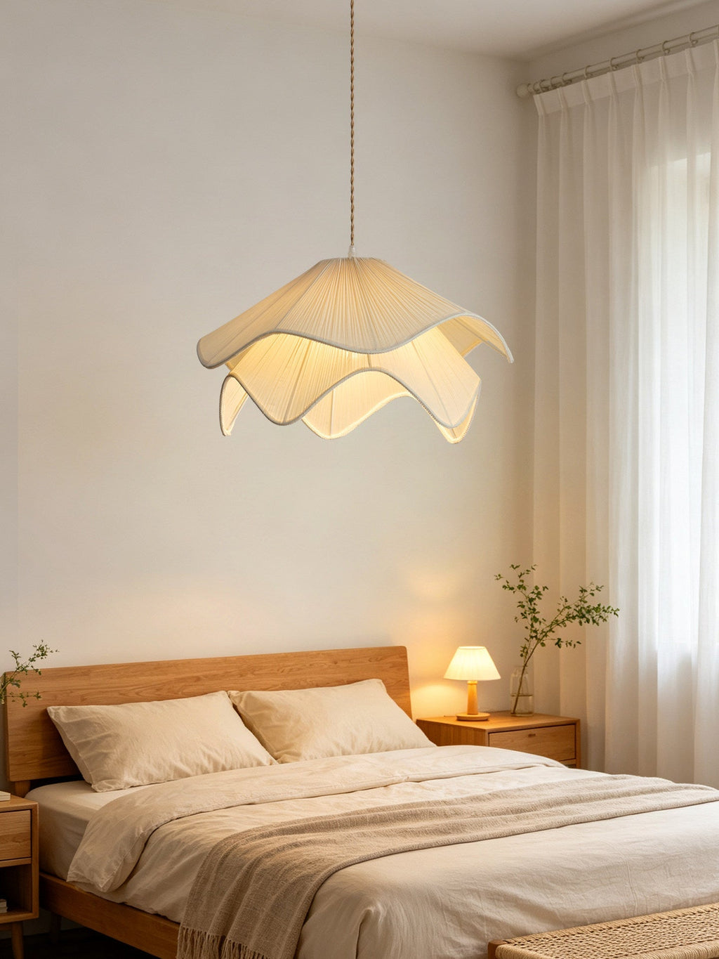 Ruffle Fabric Pendant Light Two Tier Pleated Shade 15.7 in Set of 3