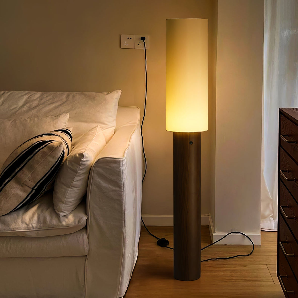 Slim Wood Column Floor Lamp Cylinder Fabric Shade 55.1 in