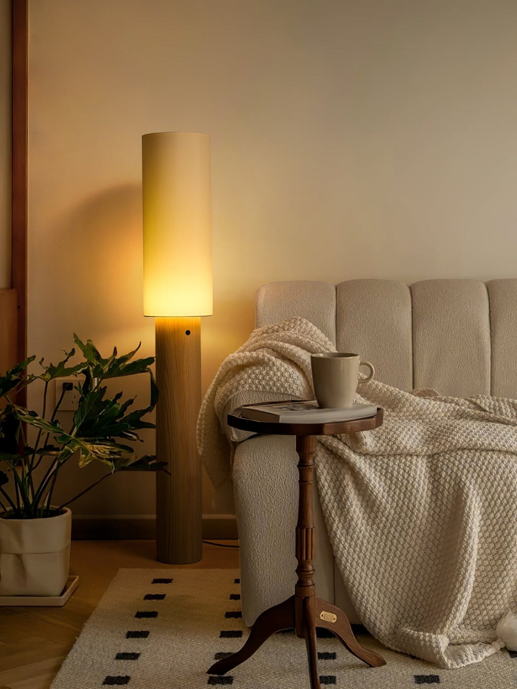 Slim Wood Column Floor Lamp Cylinder Fabric Shade 55.1 in