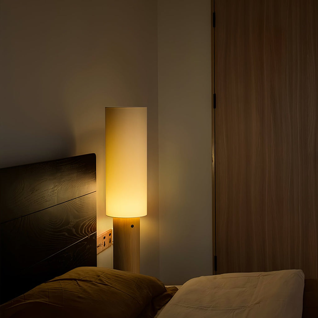 Slim Wood Column Floor Lamp Cylinder Fabric Shade 55.1 in
