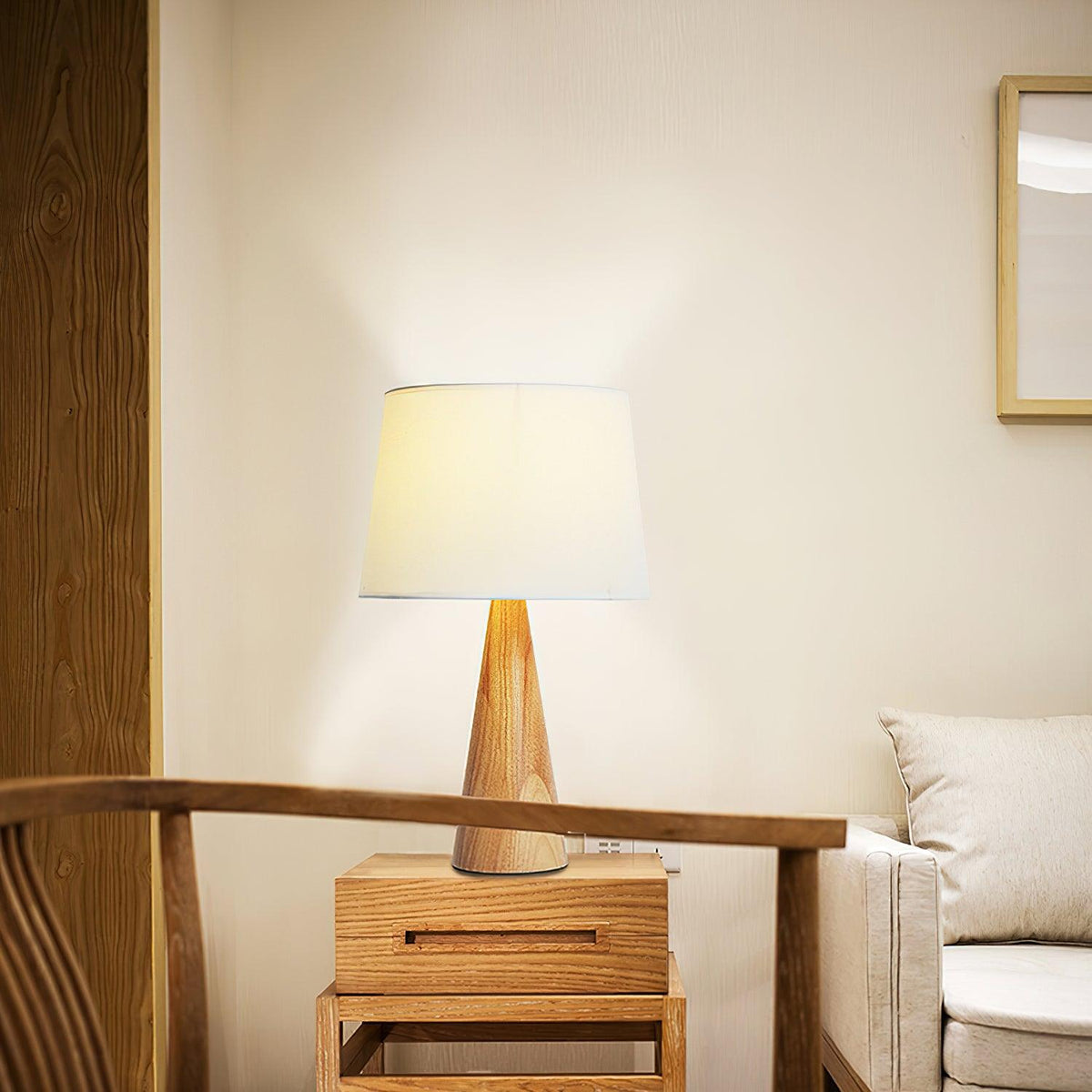 Solid Wood Cone Table Lamp Fabric Shade 19.7 in Set of 2
