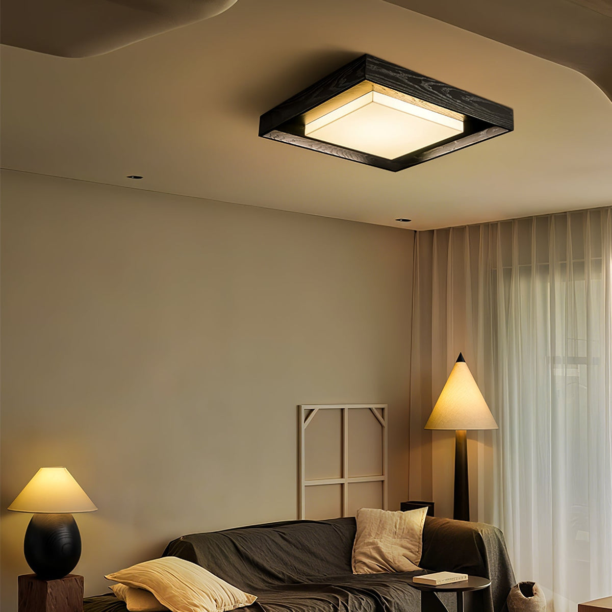 Square Wood Frame Ceiling Light Flush Mount 27.6 in Set of 3