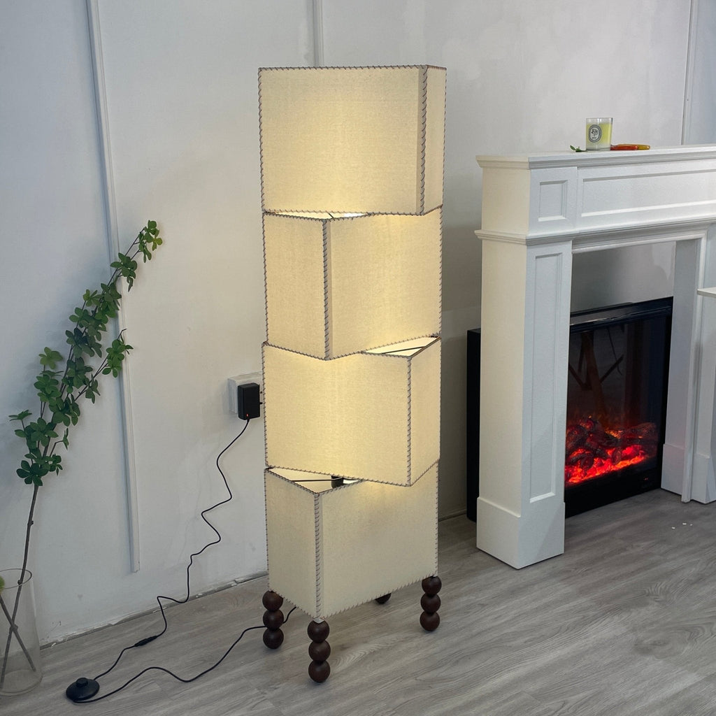 Stacked Cube Floor Lamp White Fabric and Walnut Wood 51.2 in Set of 3