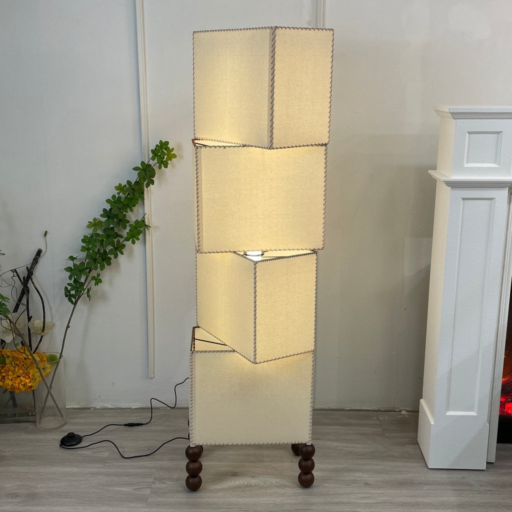 Stacked Cube Floor Lamp White Fabric and Walnut Wood 51.2 in Set of 3