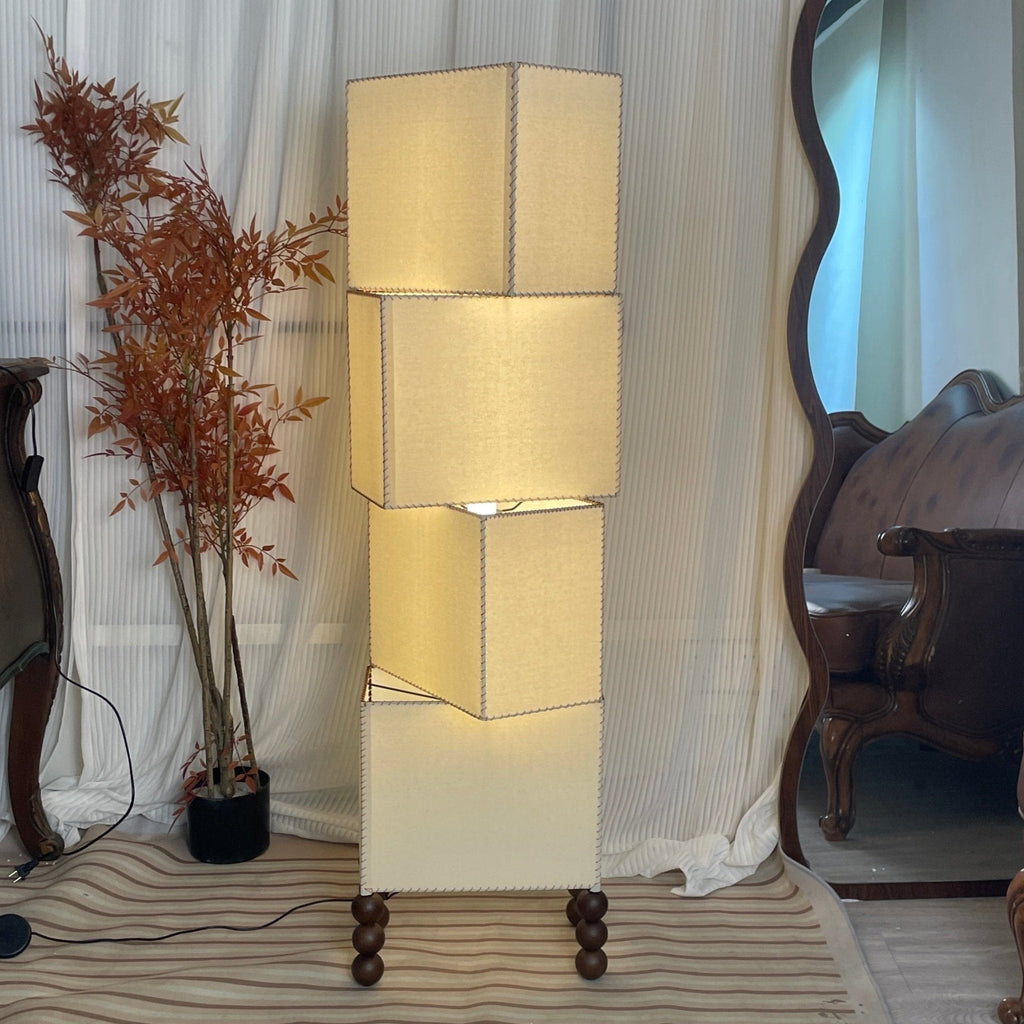 Stacked Cube Floor Lamp White Fabric and Walnut Wood 51.2 in Set of 3