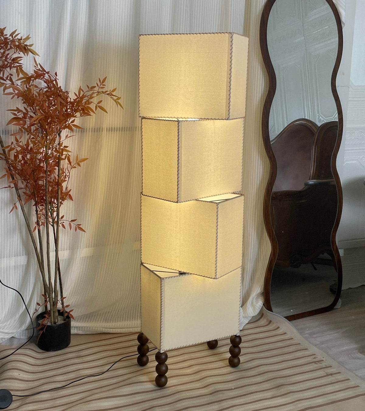 Stacked Cube Floor Lamp White Fabric and Walnut Wood 51.2 in Set of 3