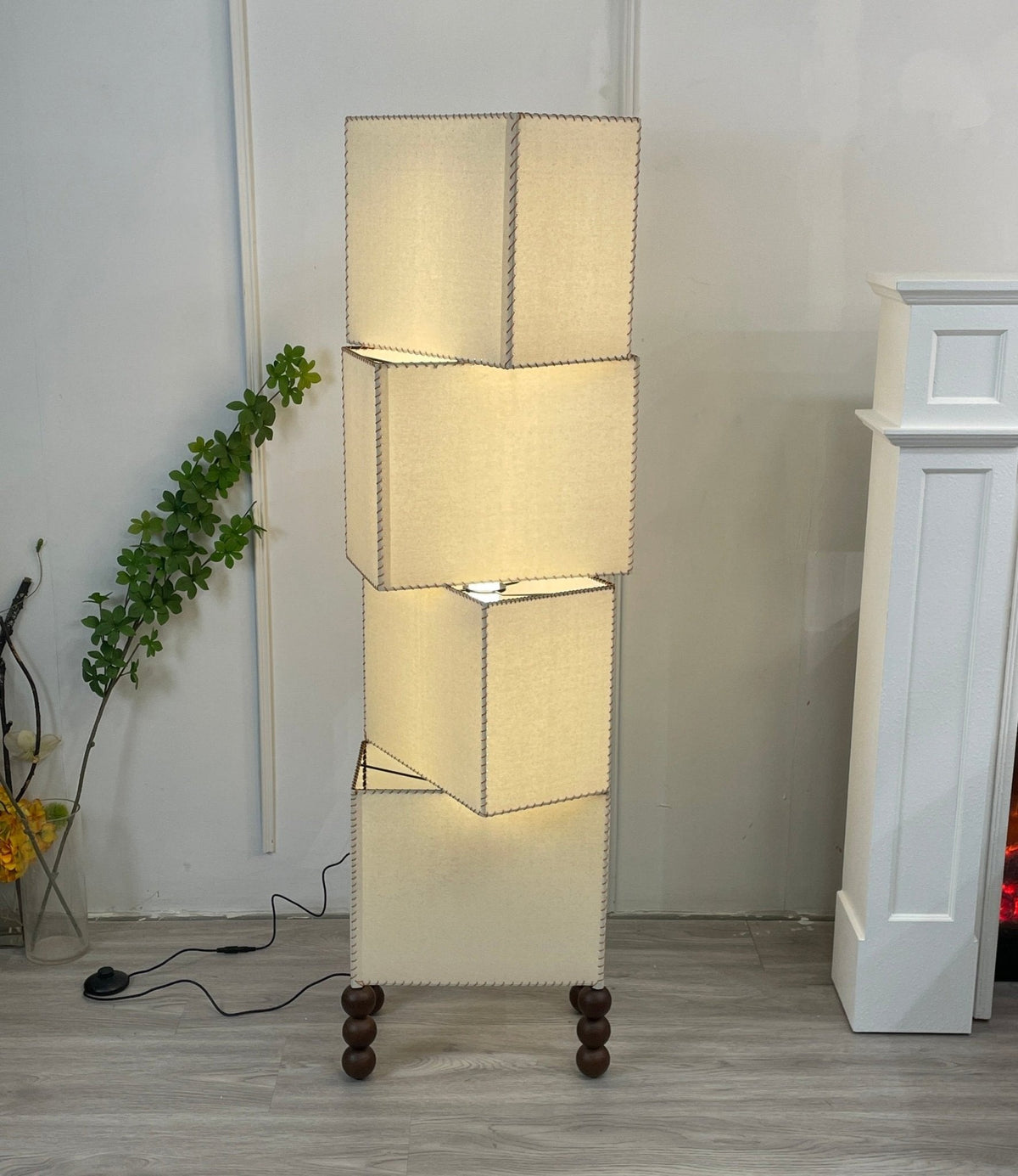 Stacked Cube Floor Lamp White Fabric and Walnut Wood 51.2 in Set of 3
