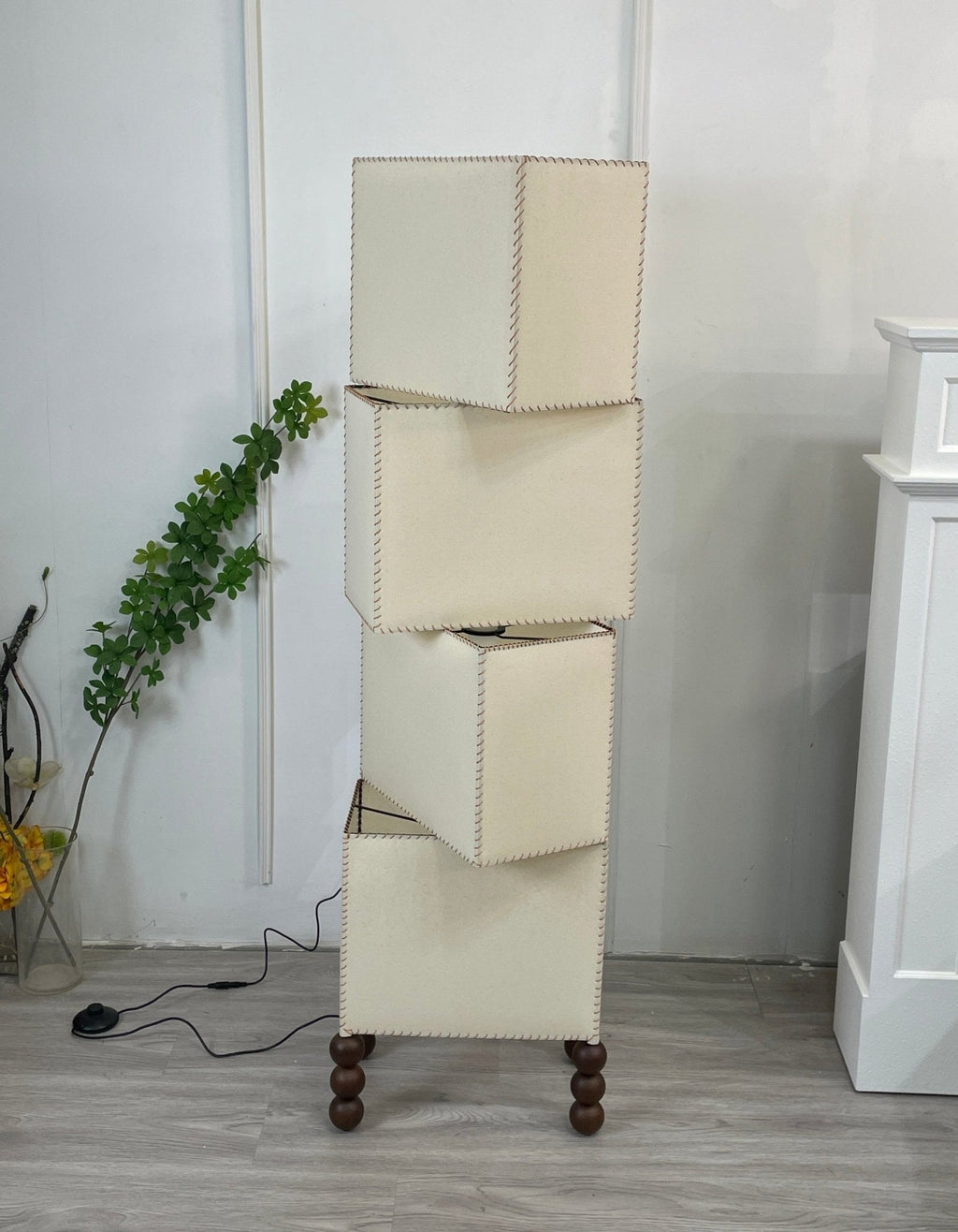 Stacked Cube Floor Lamp White Fabric and Walnut Wood 51.2 in Set of 3