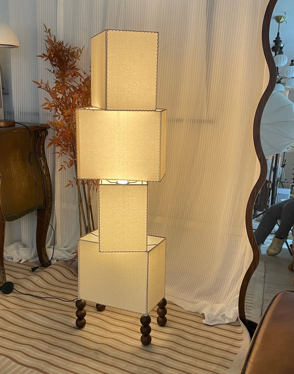 Stacked Cube Floor Lamp White Fabric and Walnut Wood 51.2 in Set of 3