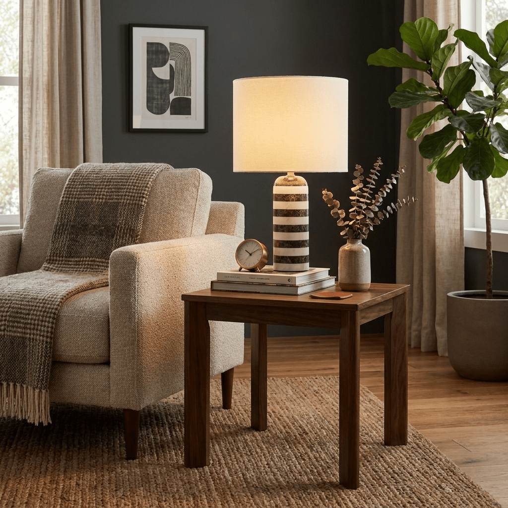 Striped Marble Table Lamp White Fabric Drum Shade 19.9 in Set of 3
