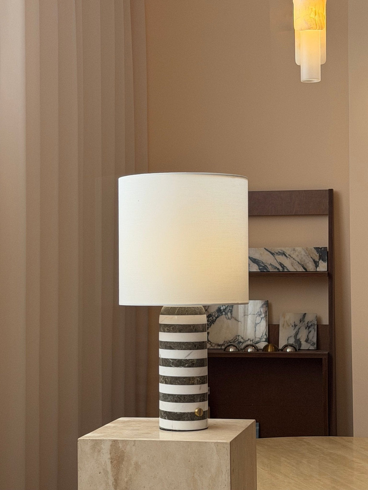 Striped Marble Table Lamp White Fabric Drum Shade 19.9 in Set of 3