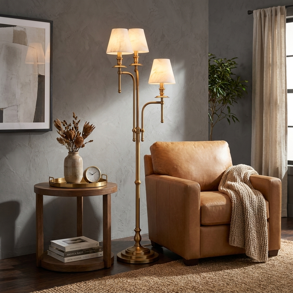 Three Arm Candlestick Floor Lamp Alabaster Shades 68.9 in