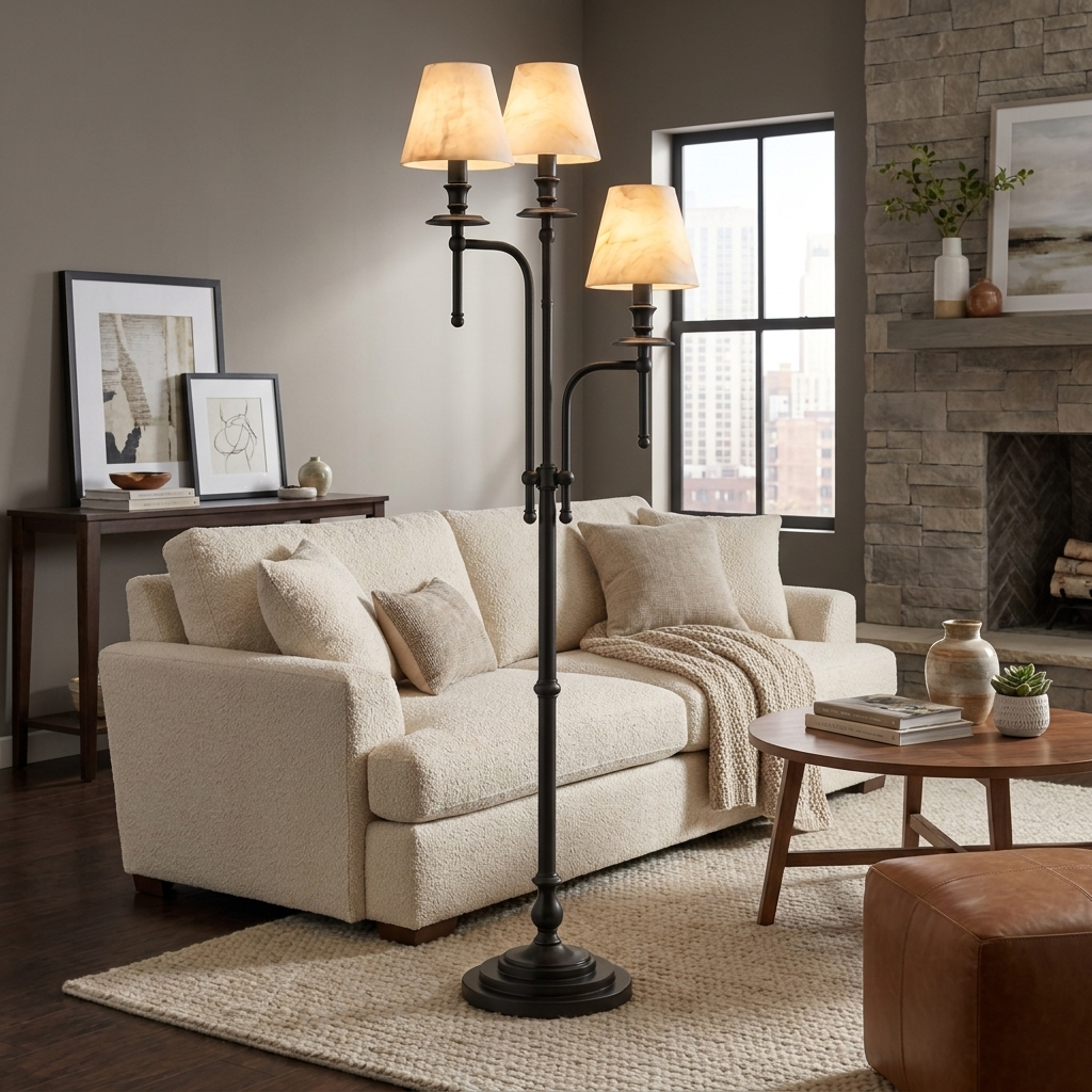 Three Arm Candlestick Floor Lamp Alabaster Shades 68.9 in