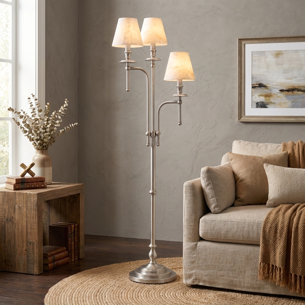 Three Arm Candlestick Floor Lamp Alabaster Shades 68.9 in