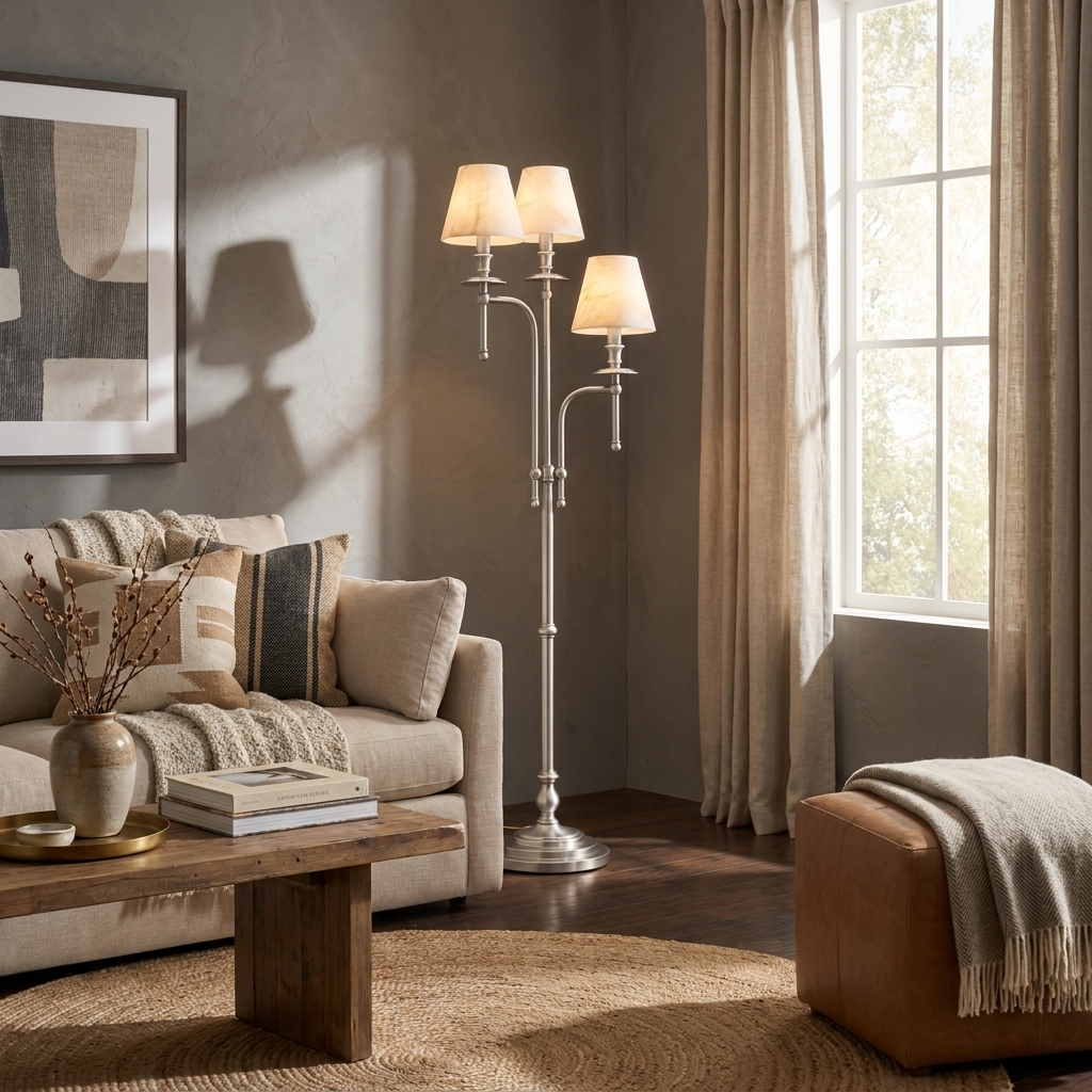 Three Arm Candlestick Floor Lamp Alabaster Shades 68.9 in