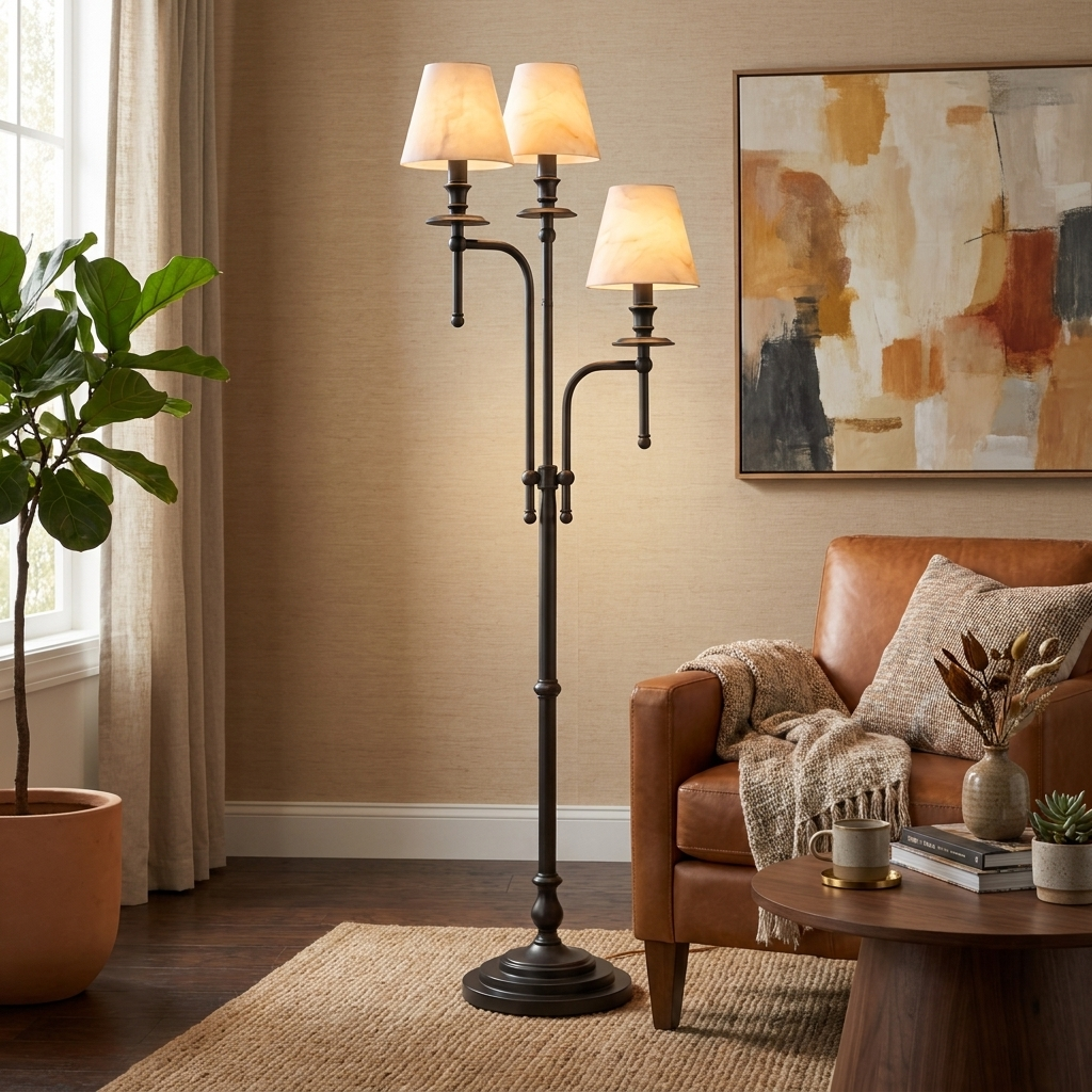 Three Arm Candlestick Floor Lamp Alabaster Shades 68.9 in