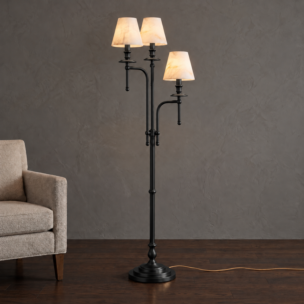 Three Arm Candlestick Floor Lamp Alabaster Shades 68.9 in