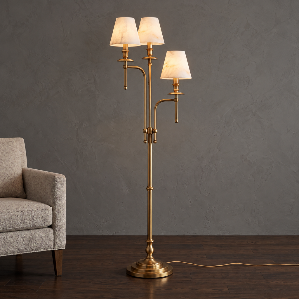 Three Arm Candlestick Floor Lamp Alabaster Shades 68.9 in