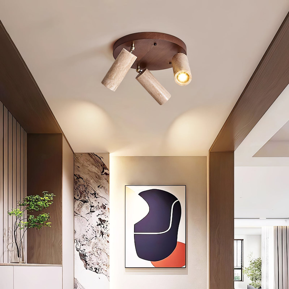 Three Spotlight Ceiling Light Travertine and Wood 11.8 in Set of 2